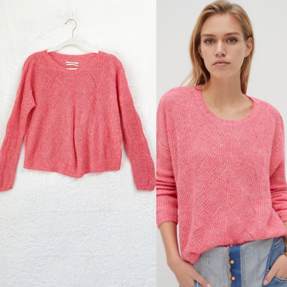 Anthropologie Keely Loose Cable Knit Cotton Wool Blend Fuzzy Sweater Pink Sz S